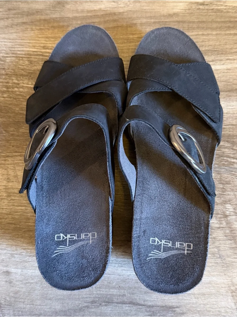 Dansko Susie slide sandals black milled nubuck leather decorative buckle